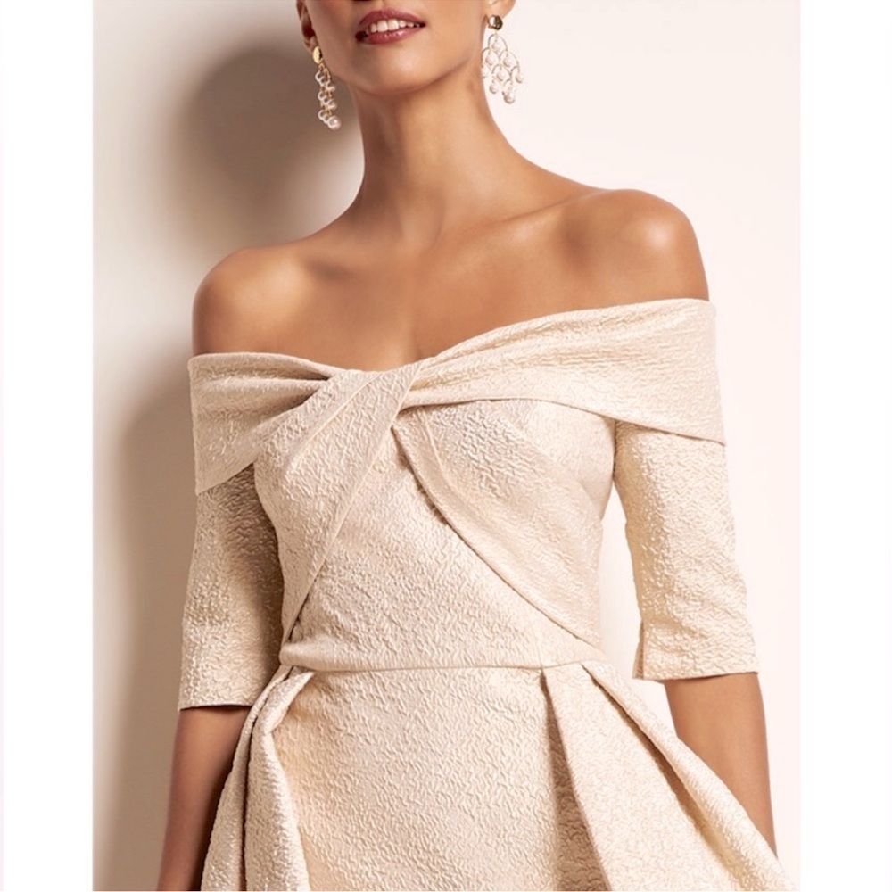 Teri Jon METALLIC JACQUARD OFF THE SHOULDER  PLEATED DRESS